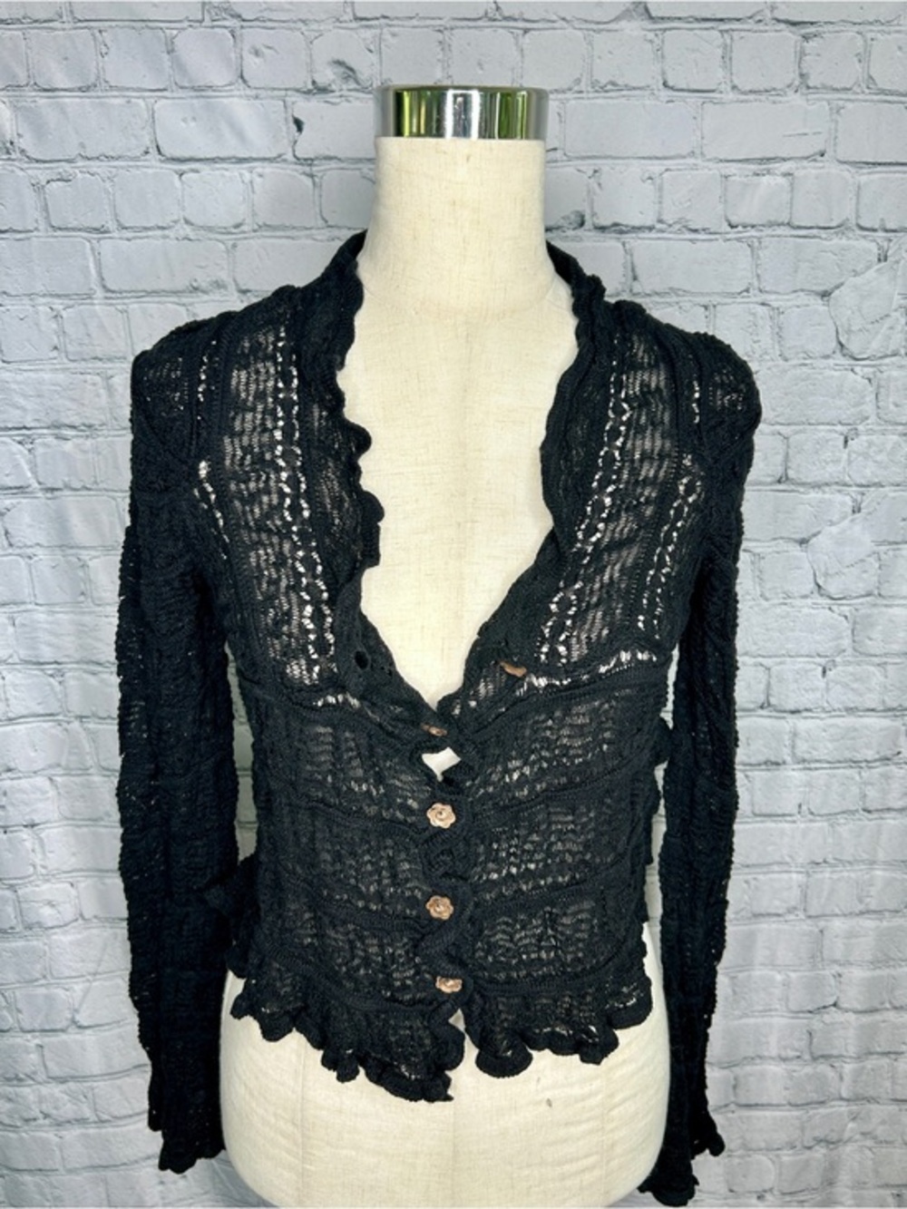 Natural Life Black Crochet Cardigan Boho Ruffle Button Open Knit Cottagecore S